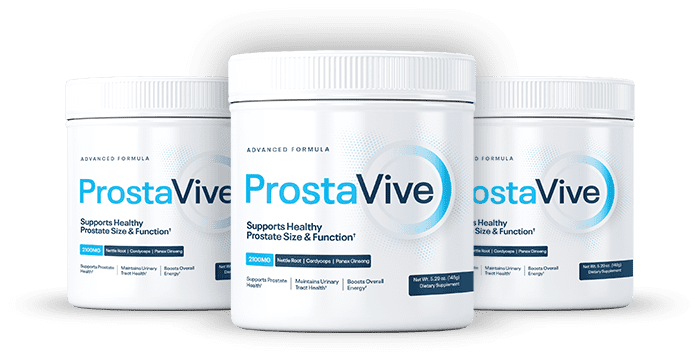 Three Prostavive supplement containers with blue and white labels
