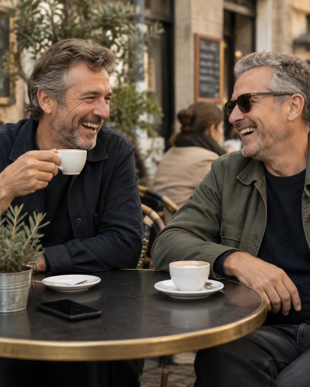 Two men in their mid fifties laughing together over coffee at an outdoor cafe