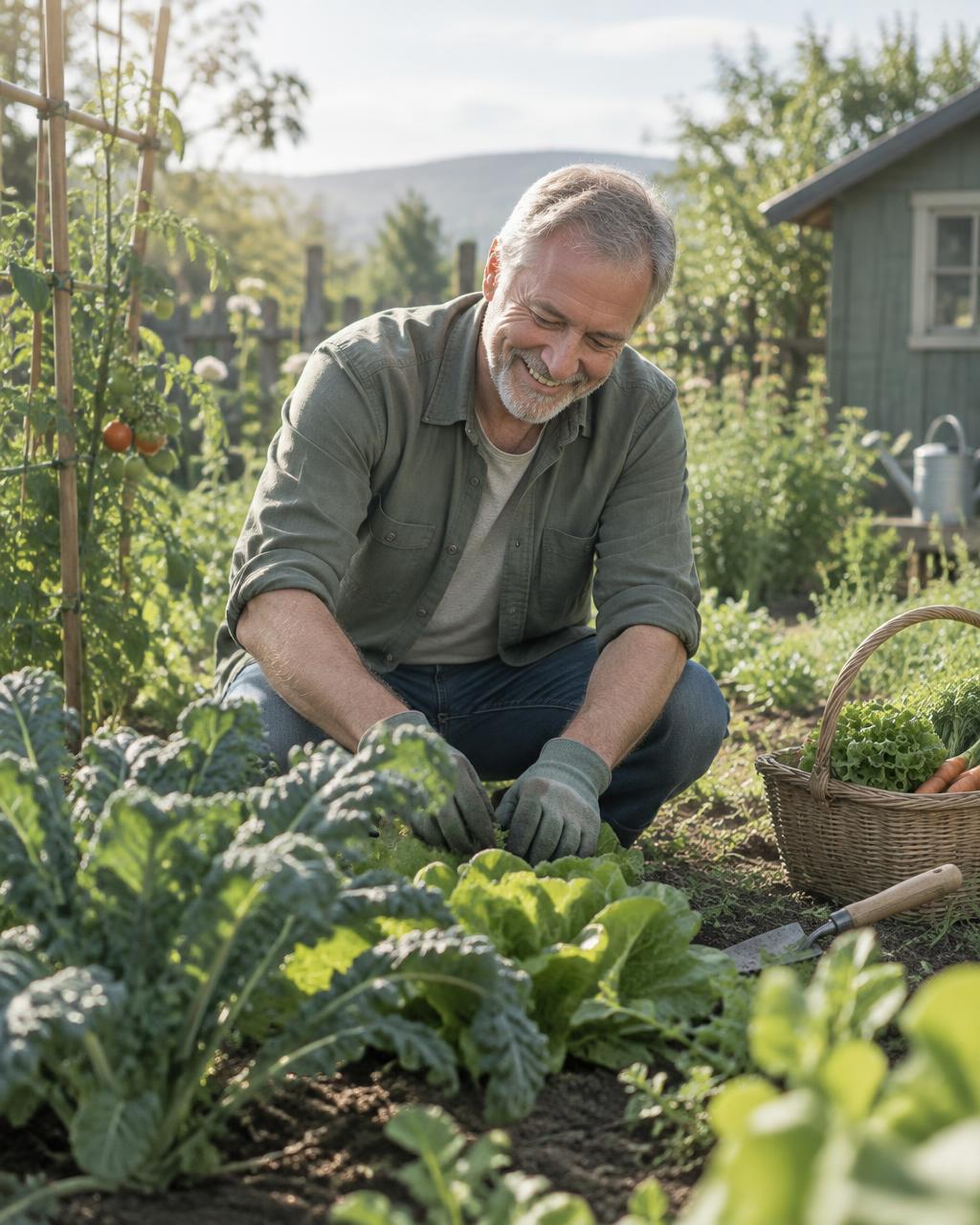 A smiling man around sixty tending vegetables in a sunny garden
