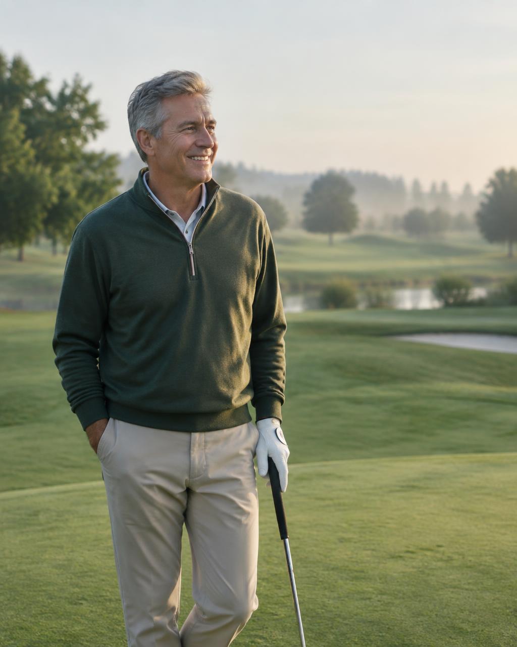 A smiling man in his late fifties standing on a golf course in morning light