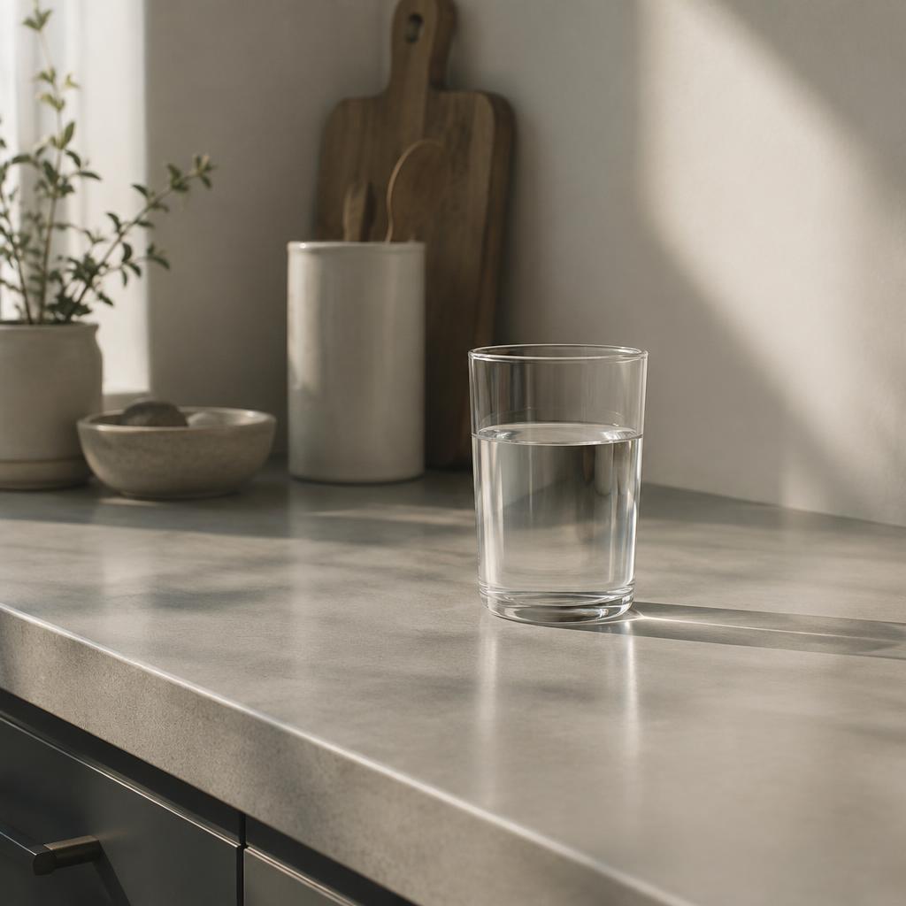 A glass of water on a stone kitchen counter in soft morning light